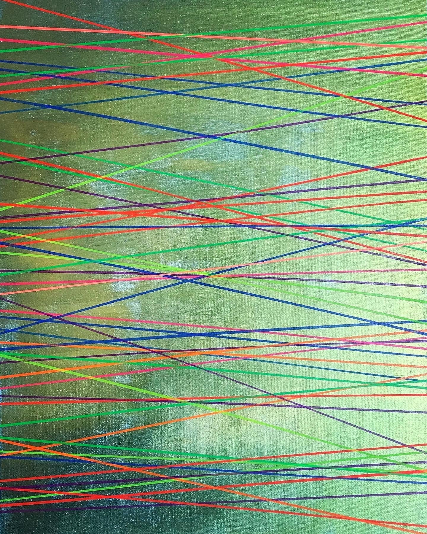 Metallic and fluorescent acrylics painting with green background and horizonal lines, under standard light